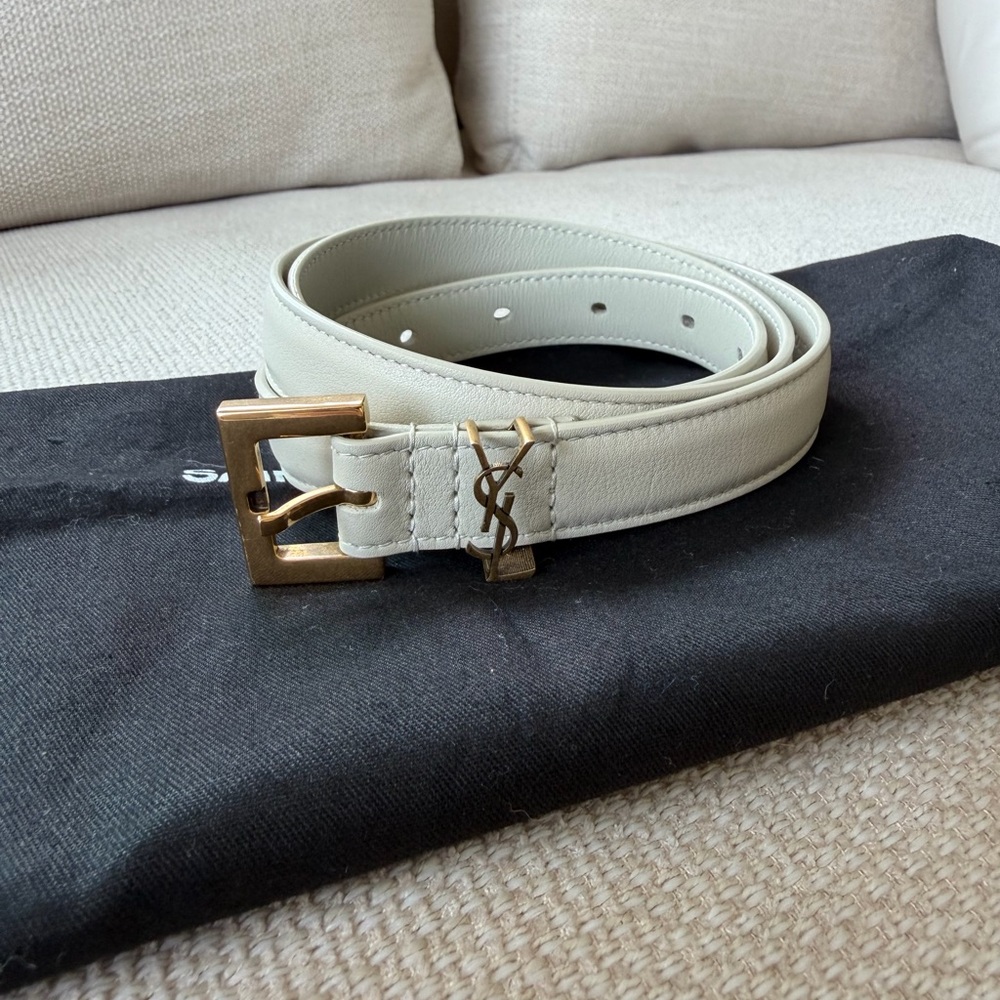 Saint Laurent White Leather Belt with Gold Hardware